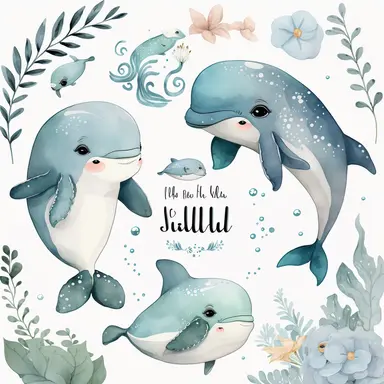 Cute Baby Dolphin Watercolor Clipart Set Kawaii Dolphin Adorable Baby Fish