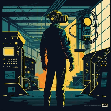 worker wearing vr headset, man, standing in an assembly plant, gauges, coding, vr developer, virtual reality, poster, simplistic, abstract, vector, 2d illustration, clipart, few colors