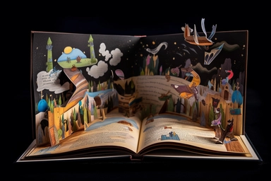 a open hard cover book of adventures on a wooden desk, with the clipart pictures of the stories inside hovering above it, against a black background,