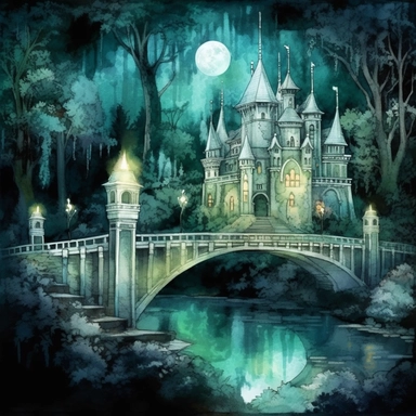 light watercolor Fantasy green Castles night scenery on the moon in the garden forest and bridges realistic clipart on black background