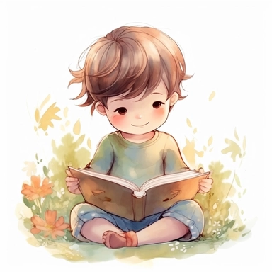 cute little boy reading a book, folk art, watercolor, clipart elements, kawaii, white background