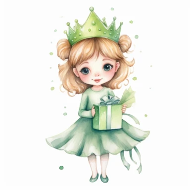 watercolor little princess clipart, green tone colors, big eyes, smiling, lovely, adorable, wearing crown, holding a gift, full body, on white background