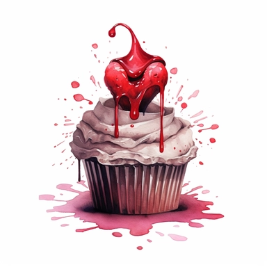 delicious halloween cupcake with queen of hearts, watercolour illustration clipart, extremely detailed, 4k, high quality, colour scheme black, red and white , , isolated on white background - <@1098423716465102849> (relaxed) - <@1098423716465102849> (rela