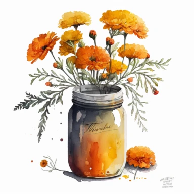 [6929388089] Watercolor clipart. A striking watercolor creation capturing the essence of marigolds, their cheerful blooms bursting forth from an elegant jar.. White background. No text. No caption. No logo