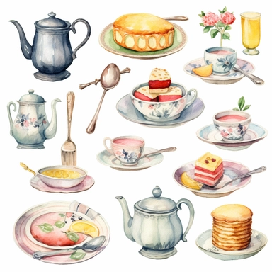 Watercolor vintage tea party items, illustrations clipart set, simple, soft colors, cartoon elements, different variants, teapot, sugar bowl, jug of milk, egg sandwich, stacked china plates, cake fork, tongs, china cup and saucer,napkin, knife,fork stacked teacups, lemon dish, , ,silver knife, ,silver fork, ,silver spoon,napkin, place markers, vase of flowers, bunting , separate elements with a margin