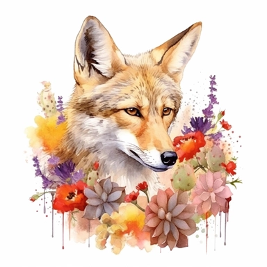 watercolor painting of a Coyote, clipart, watercolor clipart, watercolor splashes, illustration, artsy, desert, tumbleweed, desert flowers, warm colors, white background