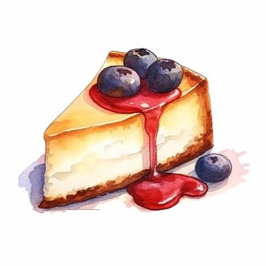 watercolor, hand drawn cheesecake in a bakery case clipart, hd, white background, spaced out--ar 3:2
