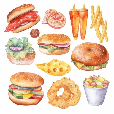 fast food, watercolor, clipart set, pizza, donut, hot dog, hamburger, cheeseburger, ice cream, popcorn, pretzel, isolated on white background
