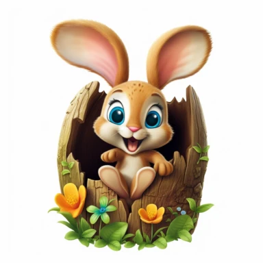 adorable bunny with bright eyes, with cute paw pads and a curious expression. peeking out from a cozy hollow in a tree trunk, surrounded by moss, mushrooms, butterflies flying around, Fairytale Cartoon Art Style, Full Body Image and Appearance, 3D-Designed Character, in style of clipart with no background