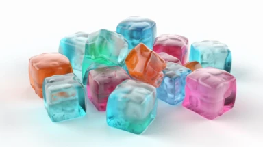 3d render, ice cubes collection, clip art isolated on white background. Frozen water assorted shapes, Bright color, realistic