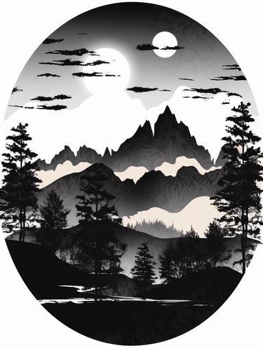 mountain silhouettes download cliparts, in the style of bob ross, alex katz, tattoo-inspired, birds-eye-view, wood, black and white contrast, charles addams