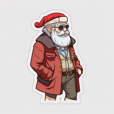 vector sticker design, anime style Santa wearing Prada clipart, white background, flat colors