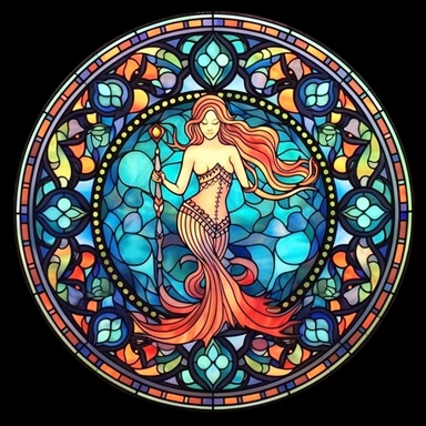 Stained Glass Watercolor Mermaid Mandala Clipart, black background, no text, no caption