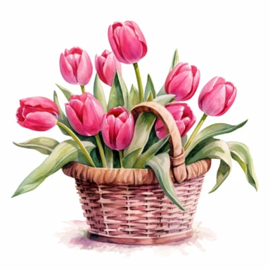 watercolor clipart of hot pink tulips in a basket, in the style of uhd image, high detailed, stock photo, colorful realism, ornate still lifes, isolated on flat white background, no shadow