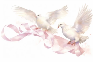watercolor clipart of doves carrying wide beige ribbon banner on a watercolor painted background, in the style of white and light pink, symbolic identity, persian miniature, logo, li wei, decorative bordersin the style of realistic watercolor portrait drawings, algeapunk, transparent/translucent medium, elegant style, hd clipart, no background, clean background, spaced out