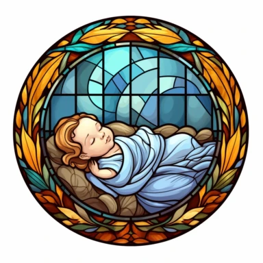 Beautiful Colorful Round Stained Glass Baby Jesus lying in the manger Sublimation Clipart ,Cartoon,hyper realistic, intricate detail, illustration style,high solution,on the white background