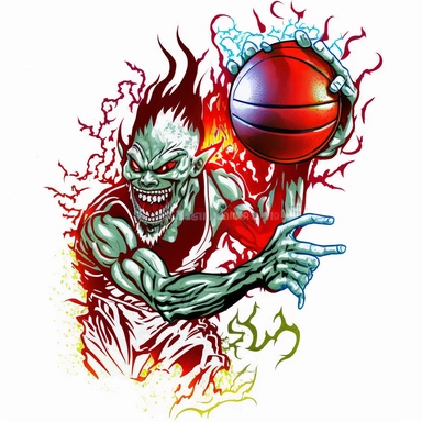 white background, aggressive extreme energy cool sports athletics mascot clipart smiley logo 1999 lineart cartoon monster magic shine dazzling gleam delirious illustration comic book airbrush sporty dynamic colors, etched frosted glass chemical burn acid wash overdye screenprint ceremonial god, flaming anthropomorphic humanoid basketball dunking a basketball