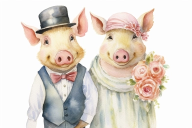 Watercolor clipart of pig in clothes, bride and groom style of Michael Thomas, HD on white backround