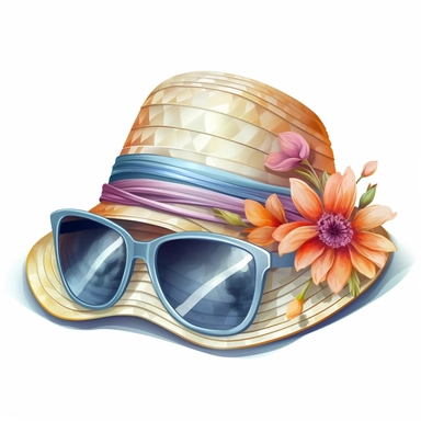Greek Sun Hat and Sunglasses: A clipart image of a stylish sun hat and sunglasses with Greek-inspired designs or colors, greek flower, perfect for a sunny day exploring the islands or beaches. watercolor clipart, transparent white background, soft cinematic lights, juicy, bright, high quality, ultra detailed, 32k