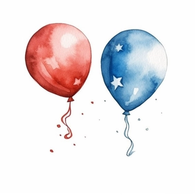 watercolor clipart illustration of balloons, red white and blue, hand painted details, clean and simple designs, solid background color, spaced out