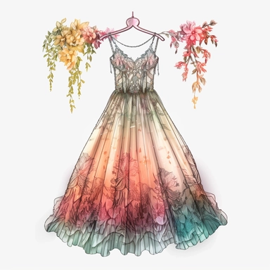 panoramic view, full view, beautiful flowing tropical party dress in vibrant colors on ornate hanger, shabby chic, elegant, ethereal, romantic, fantasy, high detail, shabby chic, sharp focus, 8k, illustration sketch, clipart style, transparent background