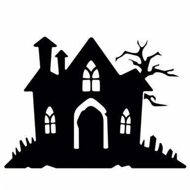 Black and white silhouette of a haunted house icon, clipart style, white background, thick lines, vector, simple design, flat colour, solid colour, halloweencore
