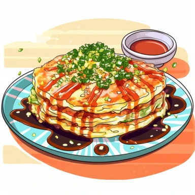 Visualize a vibrant, detailed clipart of a mouth-watering okonomiyaki. The savory pancake is filled with a variety of ingredients like cabbage, pork belly, and green onions. It's topped with a beautiful pattern of mayonnaise and okonomiyaki sauce, and finished off with a generous sprinkle of bonito flakes that appear to dance on the pancake. All set against a clean, white background that accentuates the colors and texture.