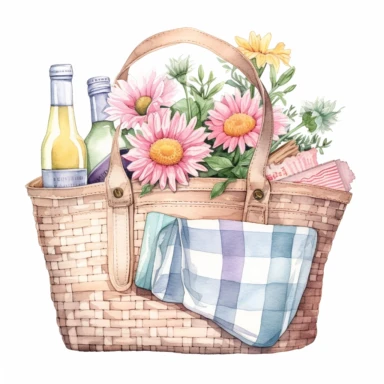 A beach bag inside beach essentials sunscreen lotions and beach towel and bottle of champagne and two champagne glass clipart, on bouquets of flowers, Maggie Holmes , boho style, soft pastel colors, hand painted watercolor, watercolor on paper texture, isolated on white background
