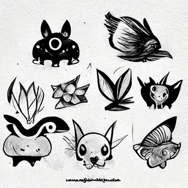 Pokémon style animal, tattoo flash sheet, separate images, black and white, sticker, line art, clipart, white border