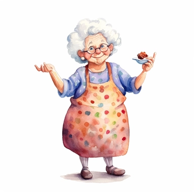 a watercolor clipart image with a white background, featuring a cute sweet extremely happy cartoon grandma, full body