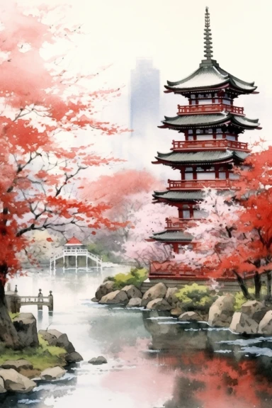 Watercolor Japan landscape, wonderful nature, very vivid colors, highly detailed drawing, white background, clipart, colorful, highly detailed, HD