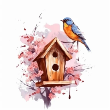 vector clipart, isolated on white background, beautiful lovely Watercolor Spring wooden bird house hanging on the orange bloming tree, ornated, pastel and saturated colors