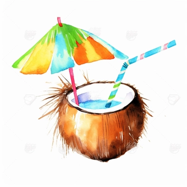 coconut coctail drink, with flower in the drink, with umbrella, with flower, watercolour clipart, emoji illustration, summer, white background, animated shape,