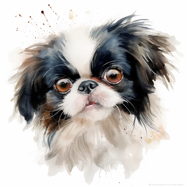 cute Japanese Chin dog portrait, full face, centered shot, side shot, dynamically posed, in action, playful mood, happy mood, playing mood, cute face, adorable smile, childlike eyes, clean watercolor illustration, white background, nursery baby imagery, painting, detailed, 8k, PNG, clipart,