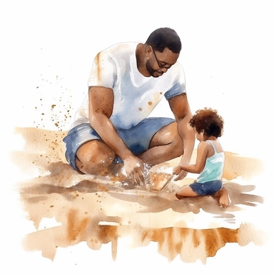 watercolor clipart, summer, beach, black man and his kid play in sand