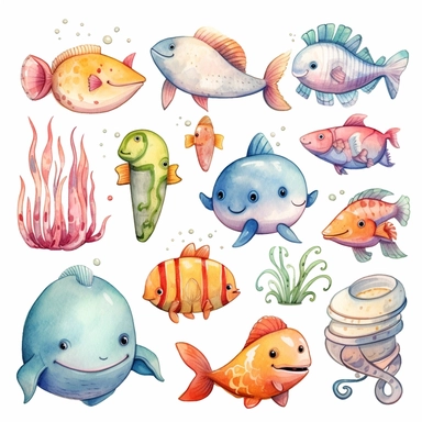 Create a set of childlike watercolor clipart featuring adorable sea animals. Use a vibrant color palette with pastel tones to capture the playful and whimsical essence. Draw inspiration from children's storybook illustrations, infusing the creatures with innocence and charm.
