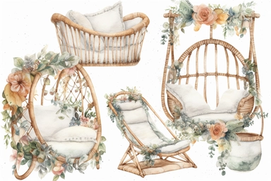 create a baby nursery watercolor clipart set of boho items. Zen baby in swing crib Boho style images beautifully and intricately detailed on a white background.