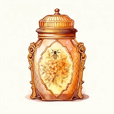 A honey jar with a golden label, adorned with intricate honeycomb patterns and floral motifs, exuding elegance and sophistication. (Digital drawing clipart, image black border color, full body, flat texture, transparent background), watercolor
