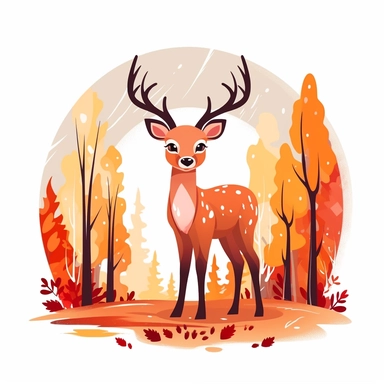 cute vivid clip art of an adorable deer in a fall season forest, bold color, white background