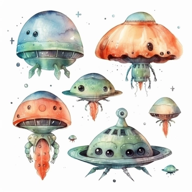 cute alien spaceship watercolor clipart collection on white background with margin