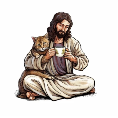 Jesus holding a cat and drinking coffee , clip art