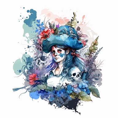 beautiful female pirate wearing a pirate hat, surrounded by flowers and skulls, pirate style, Beautiful Gothic Fantasy, blue Watercolour, in the center of the image, white background, no mockup, no caption, clipart