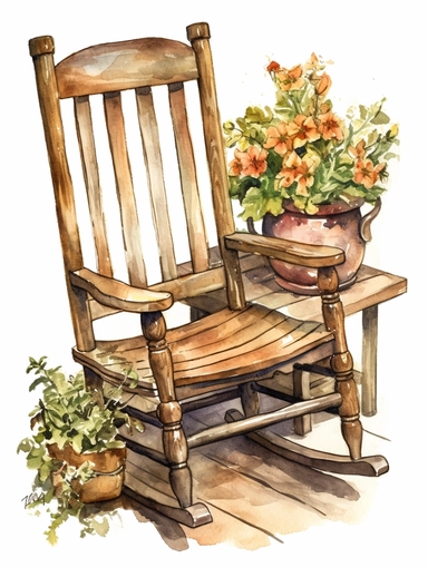 watercolor, vintage, country, wood rocking chair with beautifully carved arm rests and flower pots next to it, on white background, clip art