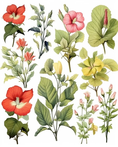 Watercolor flower, all colors of hibiscus floral garden Bouquets PNG Clipart, wedding digital wildflower green leaves herbs Lisima