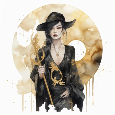 wet on wet watercolor, full body, beautiful black and gold celestial witch with half moon background, beautiful Asian woman, spell scrolls, realistic, highly detailed, whitchcore, clipart, intense black and gold colours, white background,