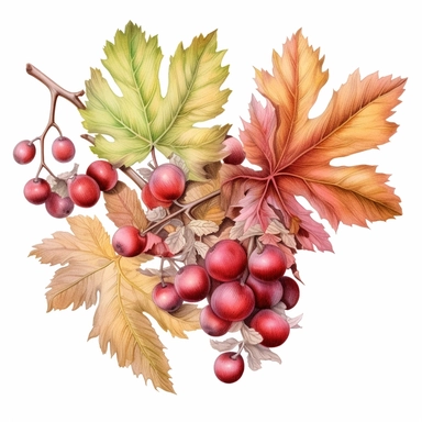 fall color bouquet of oak leaves and cranberries , color pencil sketch on a white background for clipart