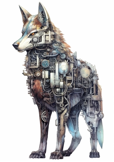 Steampunk Gray wolf clipart, realistic, Watercolor Retro Futuristic Victorian Era, art picture, full body, watercolor, multicolor, white background, lots of details, high quality - 8K,