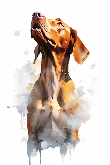 vizla dog low angle silhouette dreamy clipart illustration, Style Fusion between watercolor, Grisaille and Thick impasto, mesmerising clipart on a white background, soft colors, 16k UHD, detailed textures