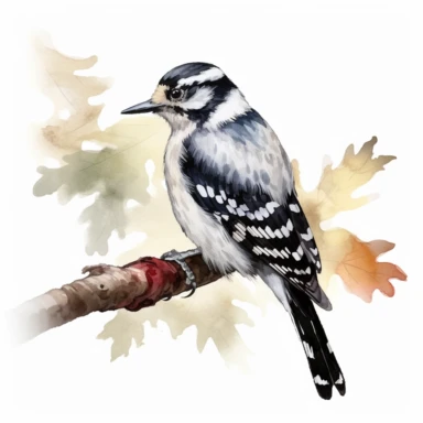 a single watercolor Downy Woodpecker sitting on a leafy branch clipart, hd, white background, spaced out