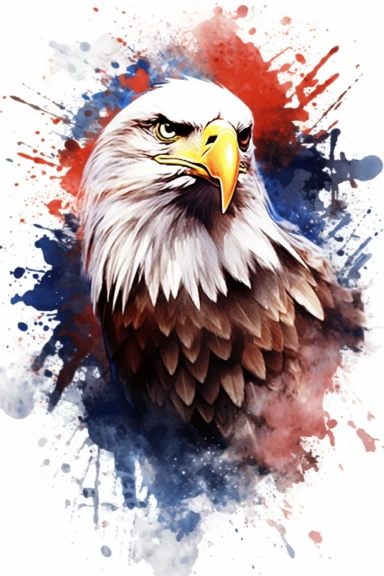 Watercolor American eagle, American Flag, Stars and Stripes, double exposure, integrated, red white and blue, unreal engine, splashed, clipart, white background